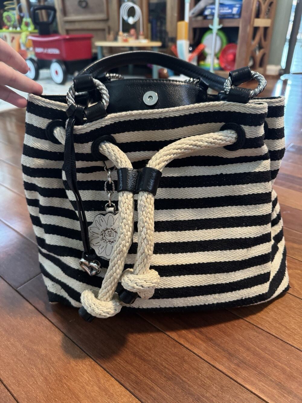 Retired BRIGHTON Sea Side Surf Black/White Striped Drawstring Shoulder Bag
